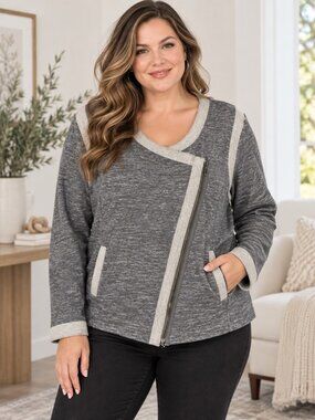 Sejour Gray Mixed Media Asymmetrical Zip Front Long Sleeve Jacket Womens Size 0X